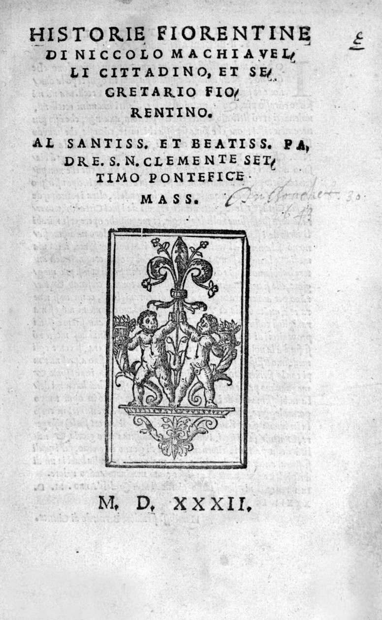 Historie Fiorentine di Niccolo (di Bernardo dei) Machiavelli (Nicolas Machiavelli) "の扉。 作： 無名の画家