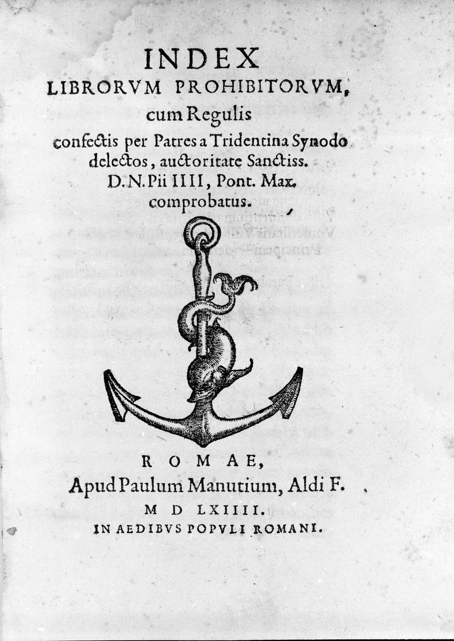 1564年にローマで出版された「Index Librorum Prohibitorum（禁書目録、Index Exurgatorius）」の正面図。ローマ・カトリック教徒が読むことを許されていない本を列挙している。 作： 無名の画家