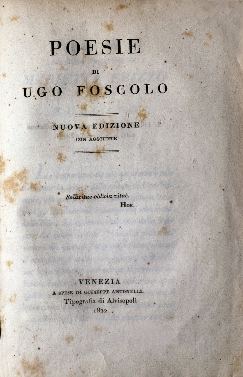 イタリアの詩人・劇作家ウーゴ・フォスコロ（1778-1827）の「ポエジー」の扉（1822年 作： 無名の画家