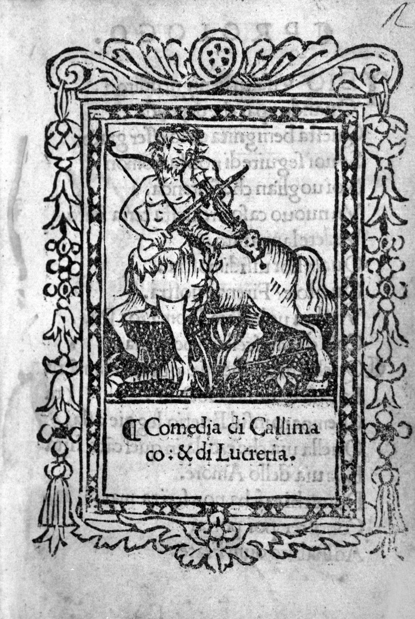 Niccolo di Bernardo dei Machiavelli (Nicolas Machiavelli)の喜劇「La Mandragola」の扉絵。 作： 無名の画家