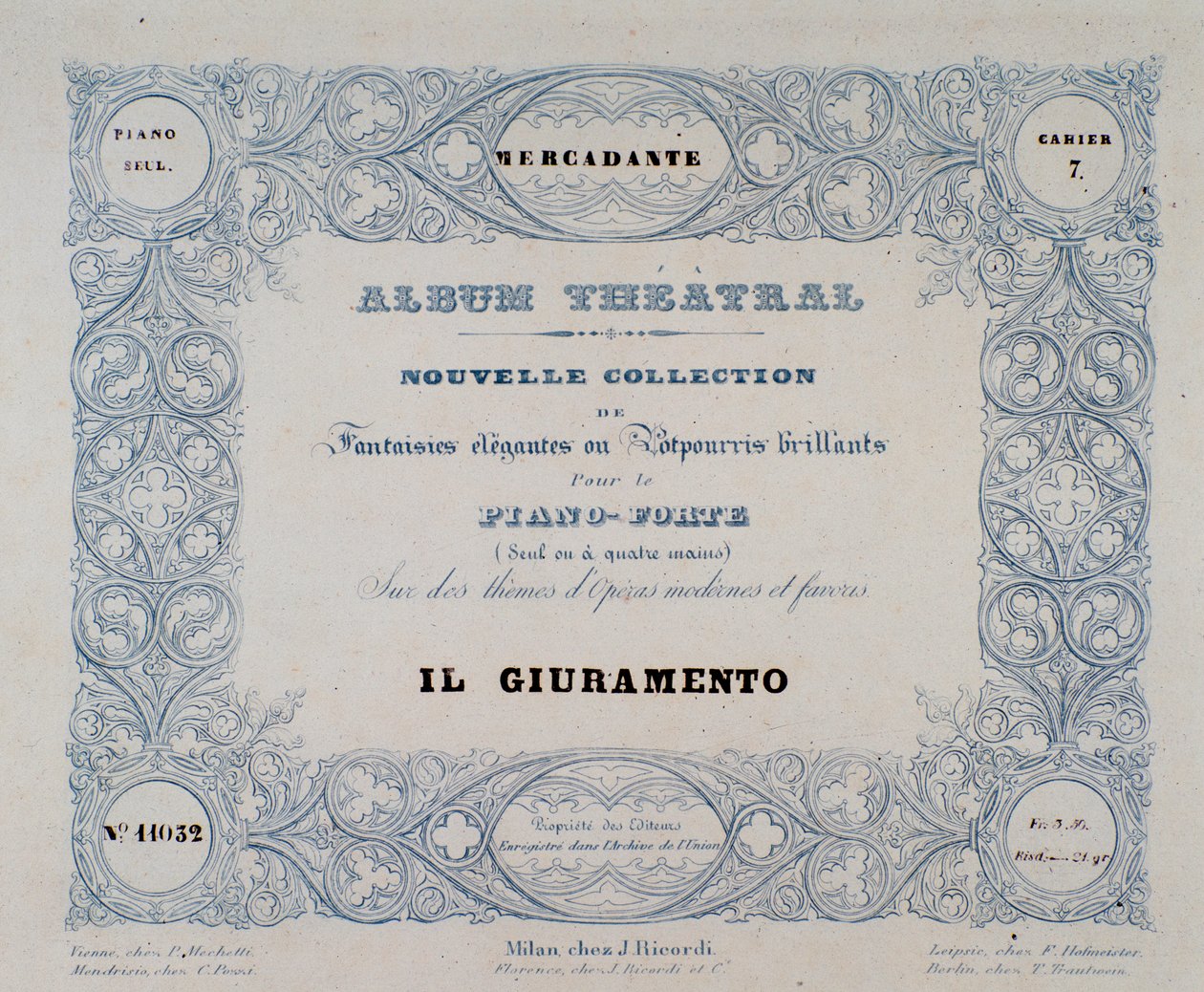 メルカダンテ作のオペラ「Il Giuramento」の扉（1837年 作： 無名の画家