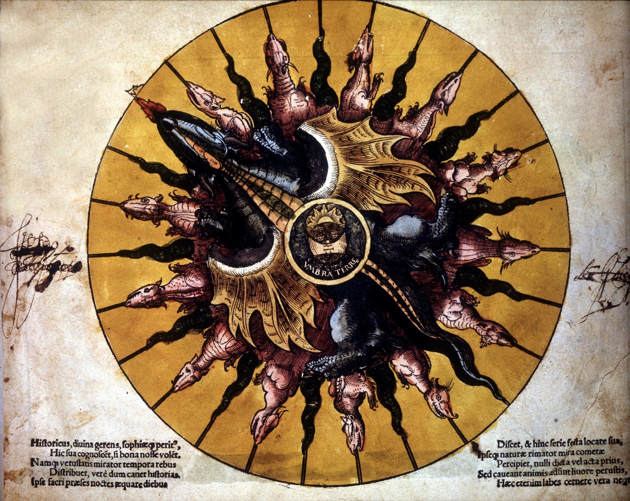 P.アピアーノが書いたプトレメウス説に基づく天文学書 "Astronomicum Caesarium "の太陽を描いた正面図。 作： 無名の画家