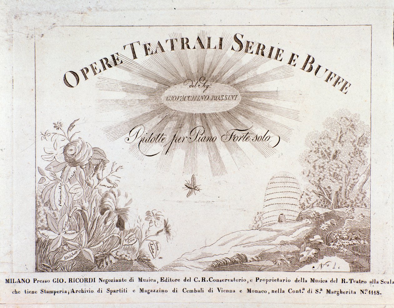 ジョアッキーノ・ロッシーニの「Opere teatrale serie e buffe」の譜面の扉。 作： 無名の画家