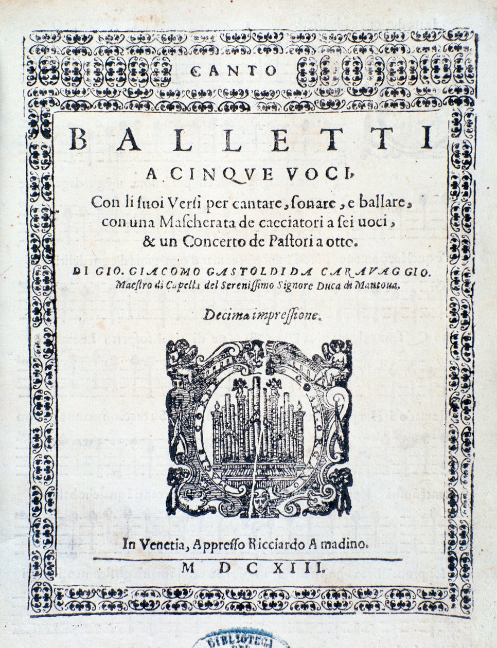ジョヴァンニ・ジャコモ・ガストルディの5声のための「Balletti」の正面図 作： 無名の画家