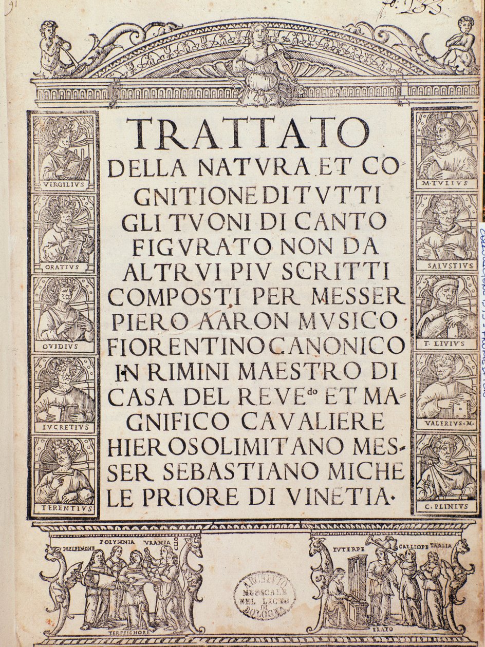 ピエトロ・アロンの「Trattato della natura e Cognizione di tutti gli duoni di canto figurato」の表紙またはタイトルページ。 作： 無名の画家