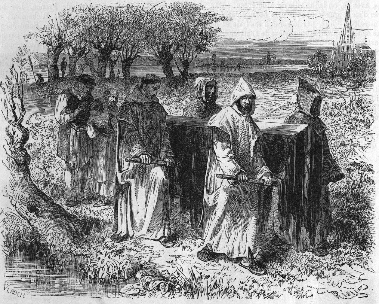 フランス王妃イザボー（イザベル、エリザベート）・オブ・バヴィエールの葬儀（1371-1435年）。19世紀のエングレーヴィング。 作： 無名の画家