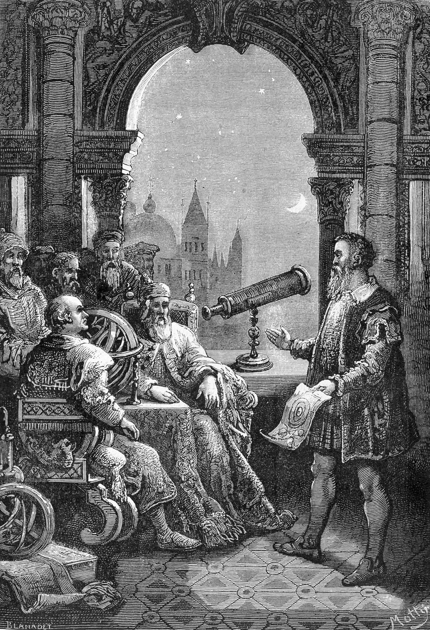 ガリレオ・ガリレイ（Galileo）が、ヴェネツィア総督のもとで最初の天文ベゼルを贈呈。 作： 無名の画家