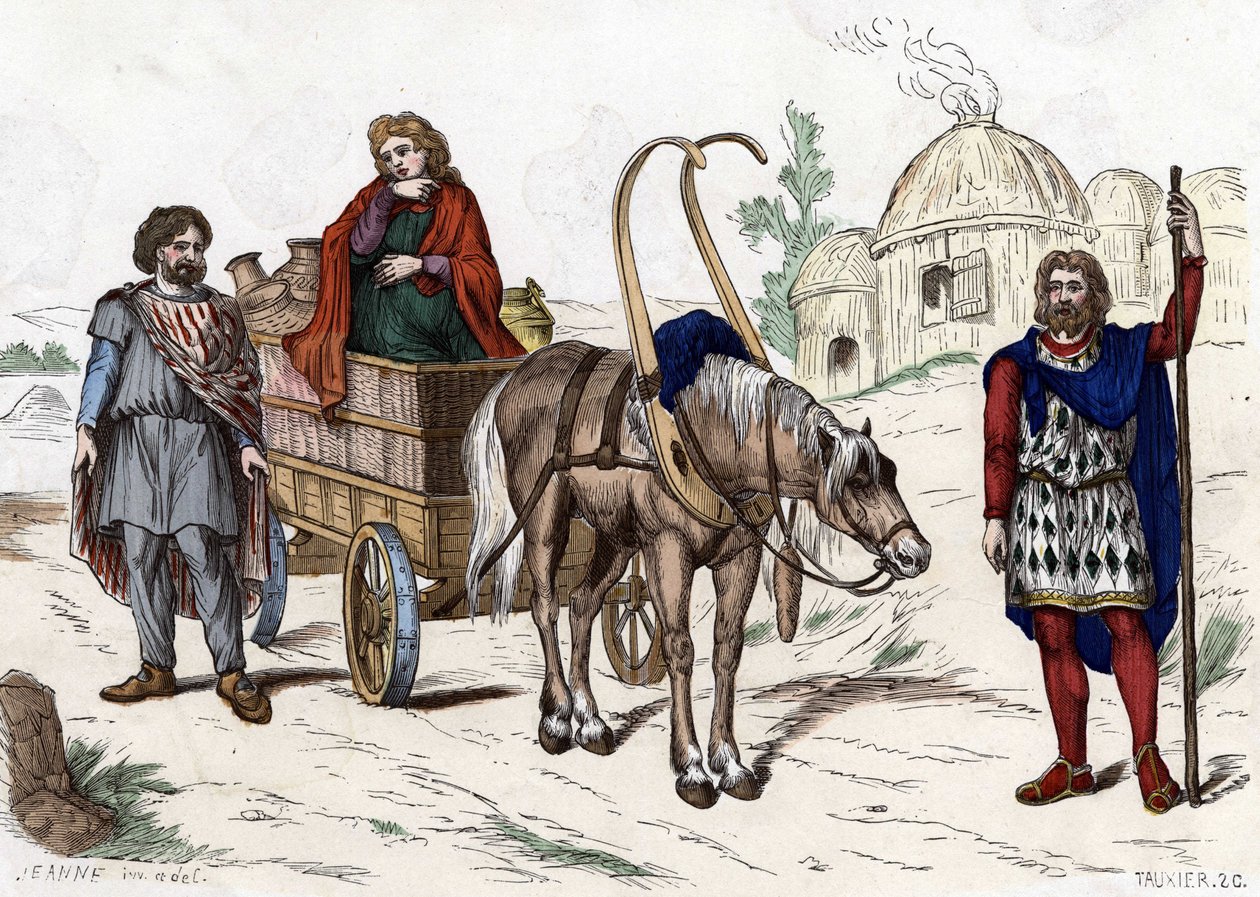ガリア住宅、女性、農民、馬車、富農、馬具......「Les Costumes civil et militaryaires des Français dans travers les siècles Paris F. Roy 1882」に掲載。 作： 無名の画家