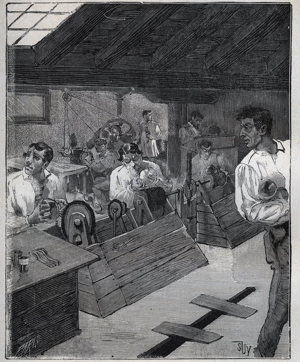ガルバニックギルディング：スクレーパーボースで金の宝石を削ること。Adolphe BITARDの "Les arts et metiers illustres "に掲載された1885年のエングレーヴィング。 作： 無名の画家