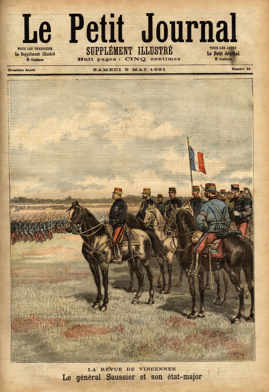 フェリックス・グスタフ（Felix-Gustave）ソシエ将軍（1828-1905）とそのスタッフは、ヴァンセンヌで軍隊を閲兵した。Le petit journal illustrious" 09/05/1891に掲載されたエングレーヴィング。セルバのコレクション。 作： 無名の画家