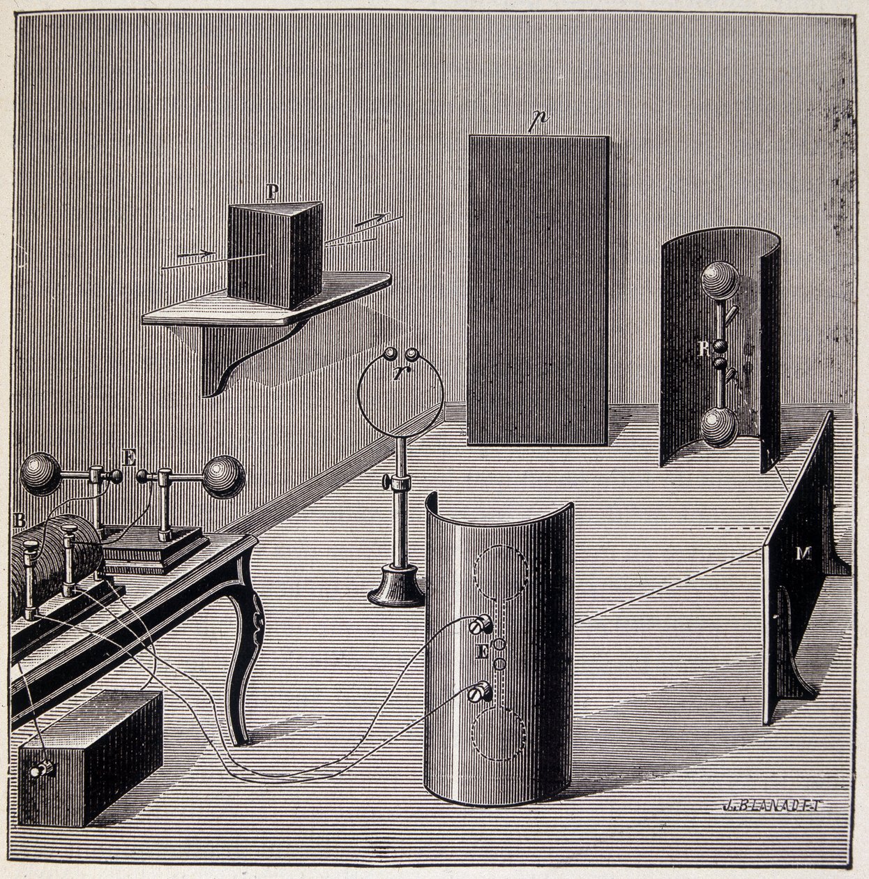 ハインリッヒ・ヘルツ（1857-1894）の電波に関する実験の全体像 - Emile Desbeaux著「Physique populaire」（Flammarion）より 作： 無名の画家