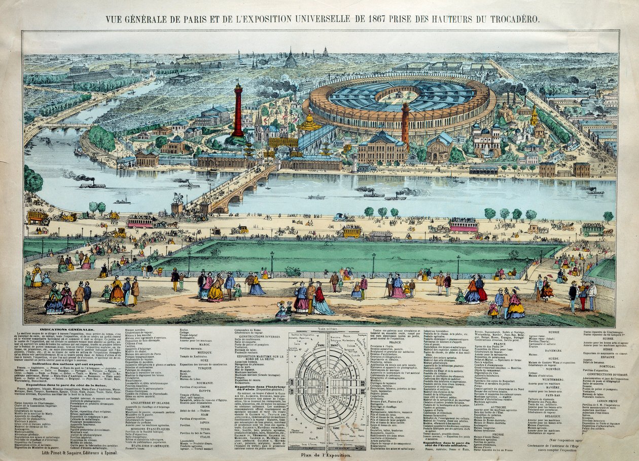 1867年のパリ万国博覧会の全景。下部にはシャン・ド・マルスの