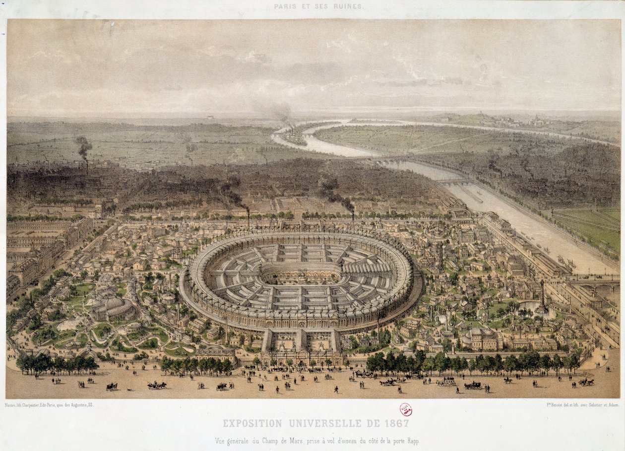 パリのトロカデロから撮影された1867年の万国博覧会の全景：シャン・ド・マルスとセーヌ川に架かるイエナ橋。19世紀のリトグラフ。パリ、オルセー美術館（Musee d