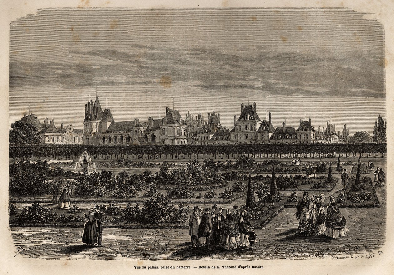 フォンテーヌブローの宮殿と庭園を床から撮影した全体図。1867年にM.Paysが「Le tour du monde, nouveau journal des voyages」に掲載したフォンテーヌブローの城と森の記述を説明するためのエングレーヴィング。 作： 無名の画家