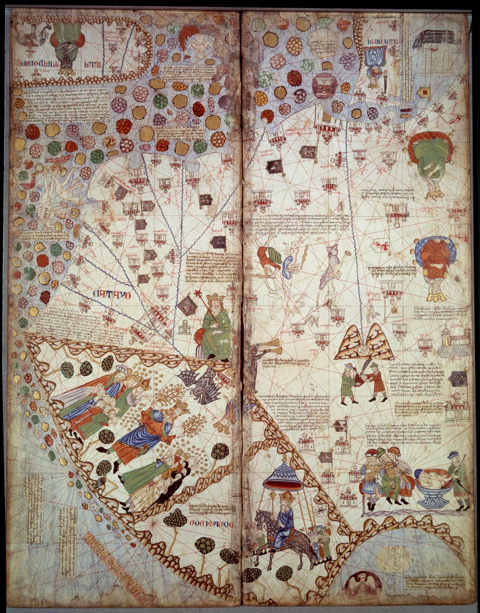 地理的な地図中国、ガンジス川流域、スマトラ島、セイラン島。Catalan Atlas (Catalan map) (スペイン)。アブラハム・クレスケによる1375年の写本（フォリオ2v〜フォリオ3）。BN、パリ 作： 無名の画家