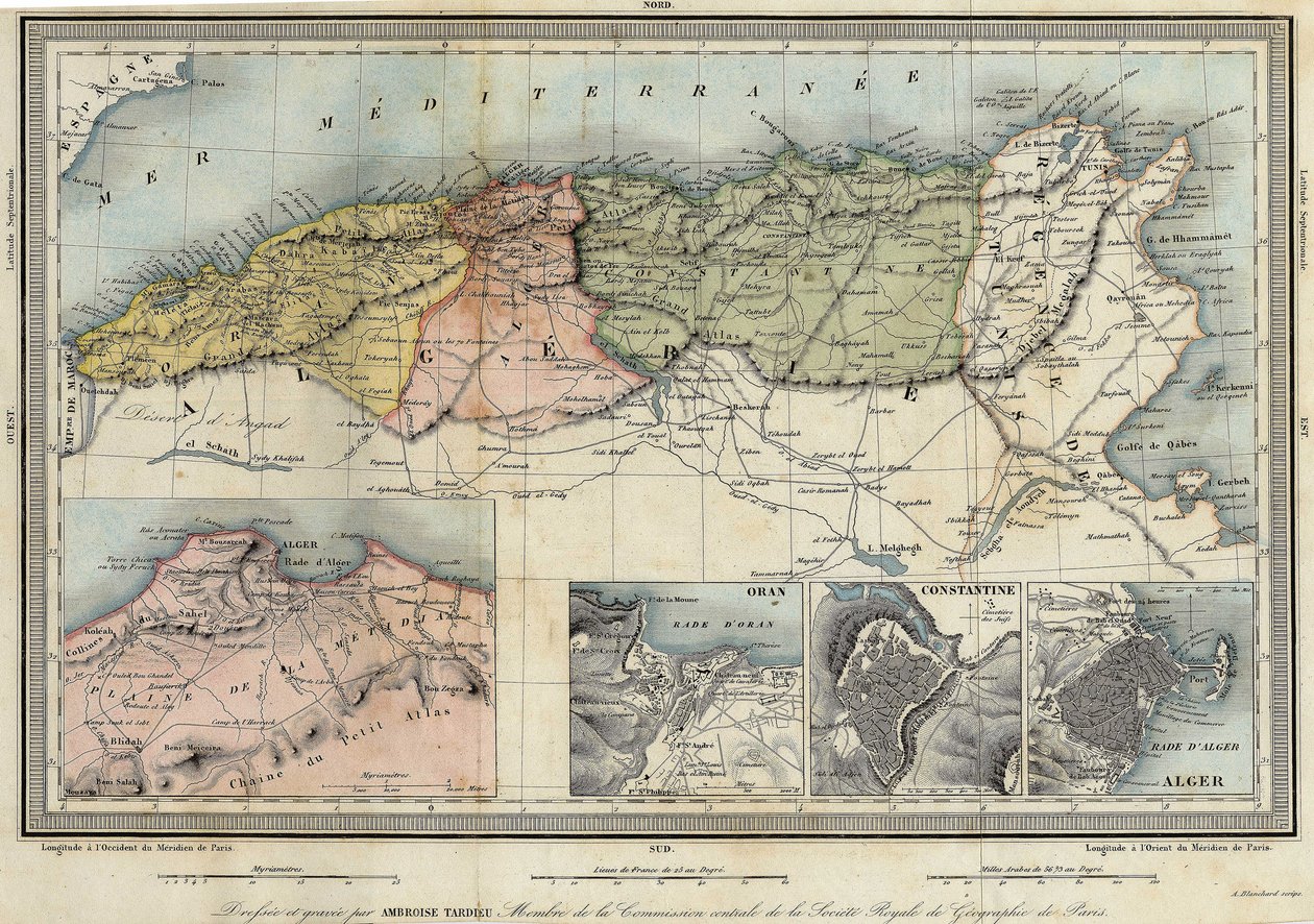 アルジェリアの地理的な地図と、アルジェ、オラン、コンスタンティンの各州の詳細。 作： 無名の画家