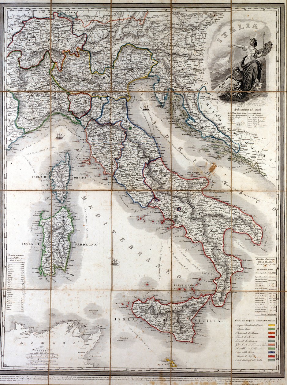 リソルジメント以前にイタリアを構成していた各州の境界線が描かれた1850年のイタリアの地理的地図。 作： 無名の画家