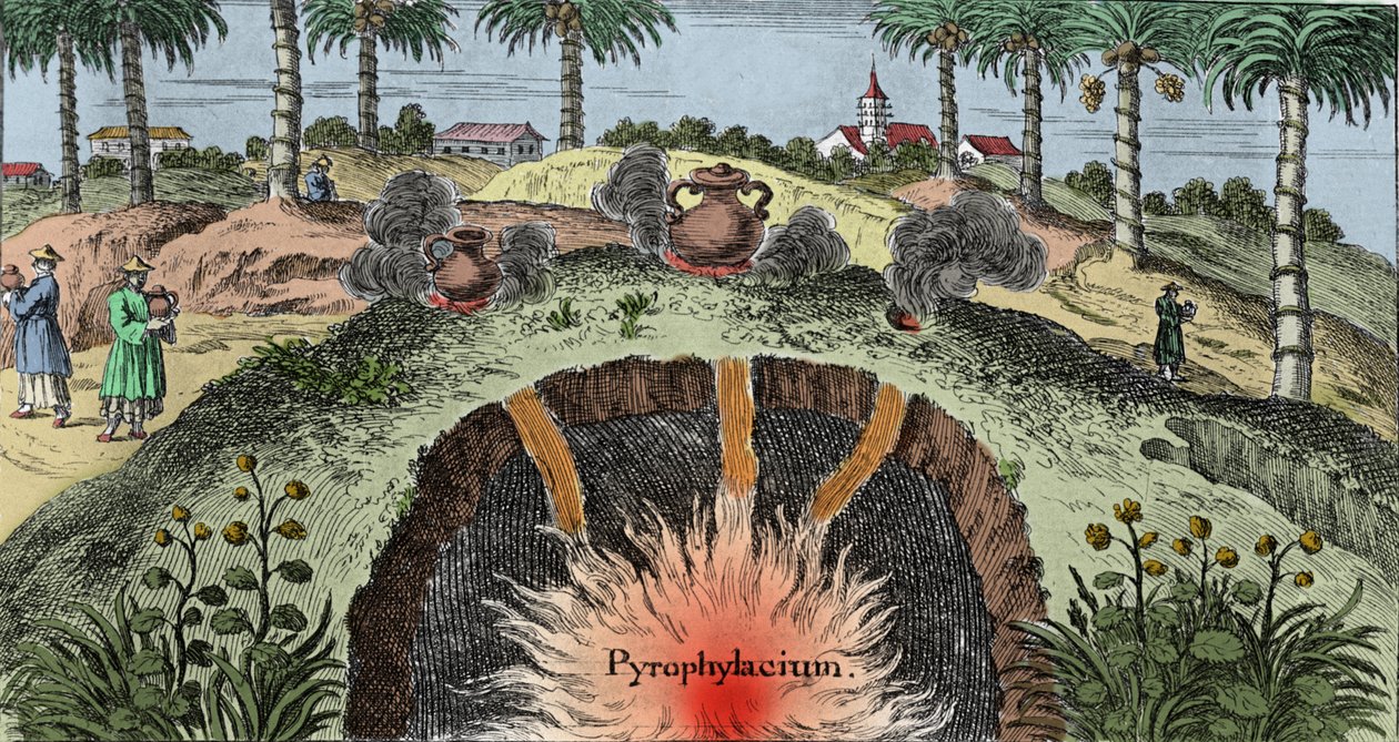 地質学：地球の皮を切ることで、地球からの火の出口を説明する。ヨハン・ザーン（1631-1707）の「Mundi Mirabilis Oeconomia」からの版画 作： 無名の画家
