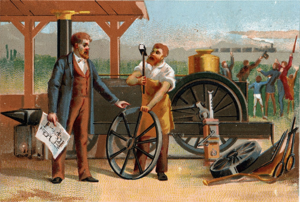 ジョージ・ステファンソン（1781-1848）が発明したものの一つである機関車を描いた作品。19世紀末のクロモリトグラフ。 作： 無名の画家