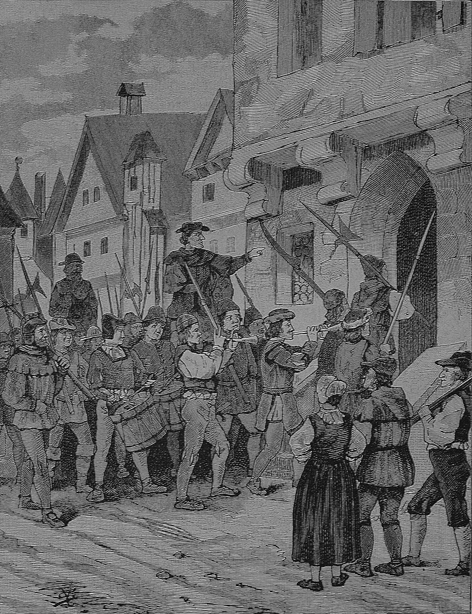 ドイツ農民戦争（1524-1526）：ドイツ、バイエルン州ローテンブルクの農民、オレンバッハ 作： 無名の画家