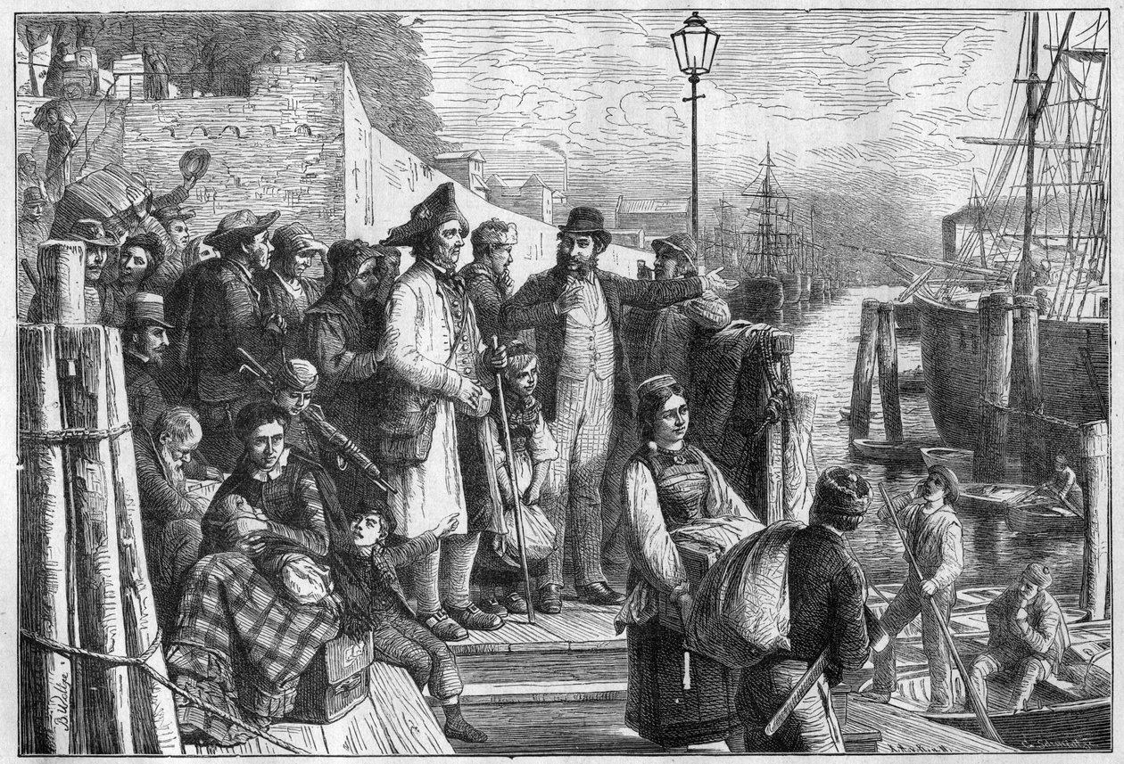 1874年、ハンブルグの蒸気船に乗り込むニューヨークへのドイツ移民たち、エングレービング - (Deutsche Emigranten) 作： 無名の画家