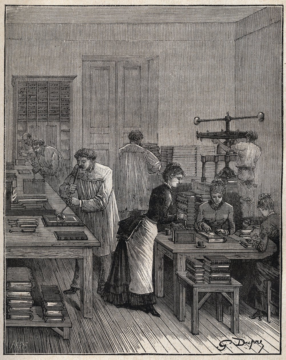 19世紀のフランスの工房で、鉄で本（カバー）に金メッキを施したもの。Adolphe BITARDの "Les arts et metiers illustres "に掲載された1885年のエングレーヴィング。 作： 無名の画家