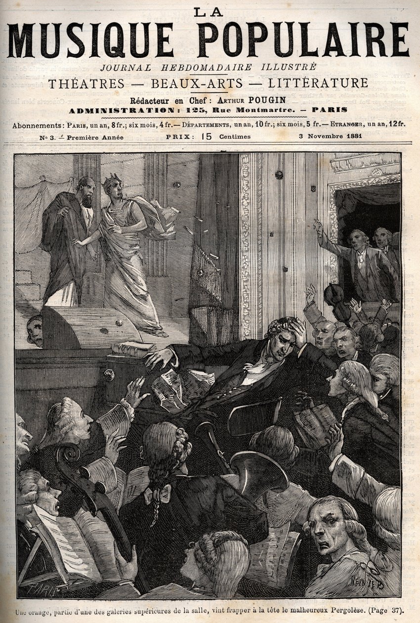 Giovanni Battista Pergolesi schlägt mit einem Orangenstab im Teatro Tor di Nona in Rom im Januar 1735 während der Premiere der Oper Olimpiade zu von Unknown artist