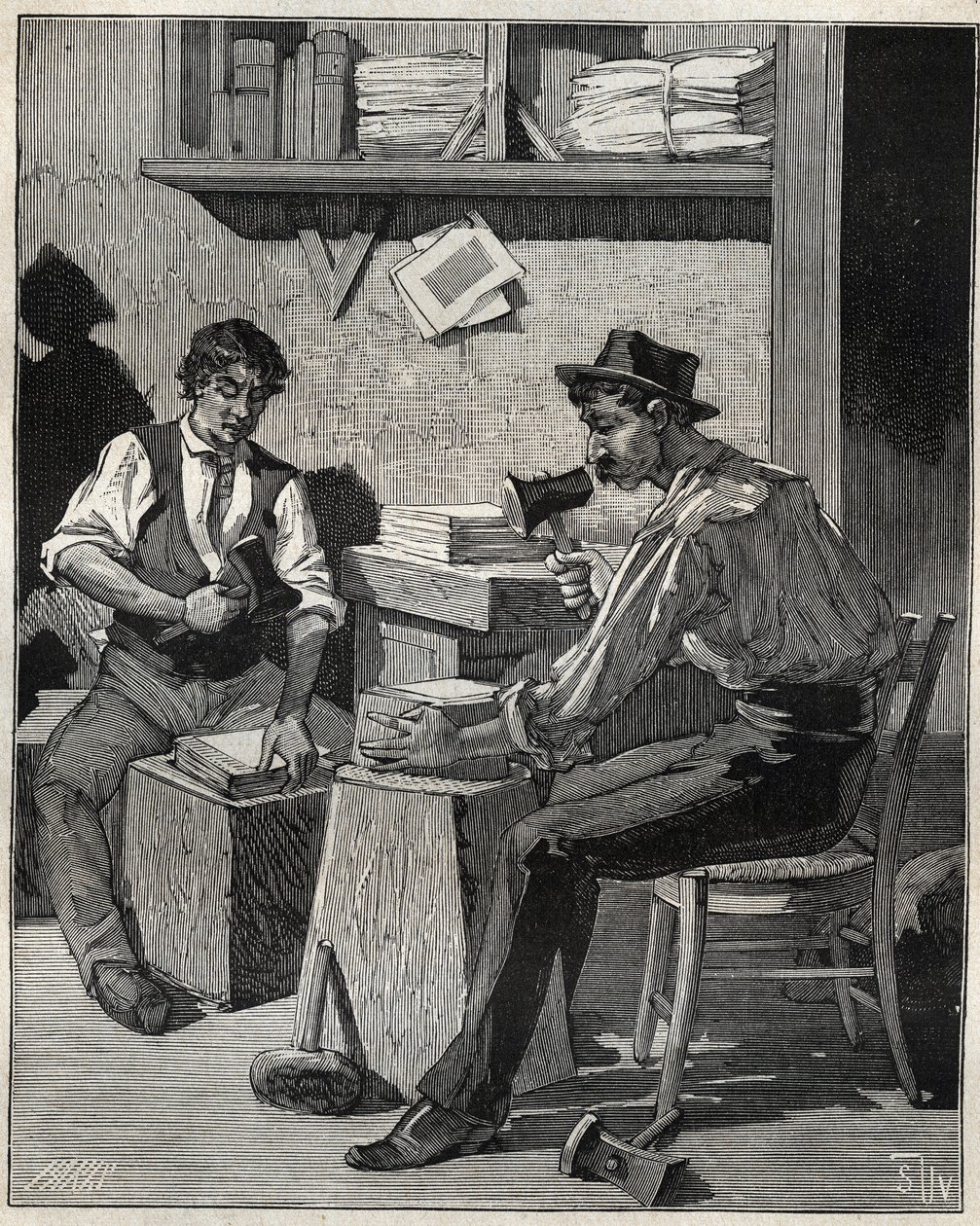ゴールドビーター。Adolphe BITARDの "Les arts et metiers illustres "に掲載された1885年のエングレーヴィング。 作： 無名の画家
