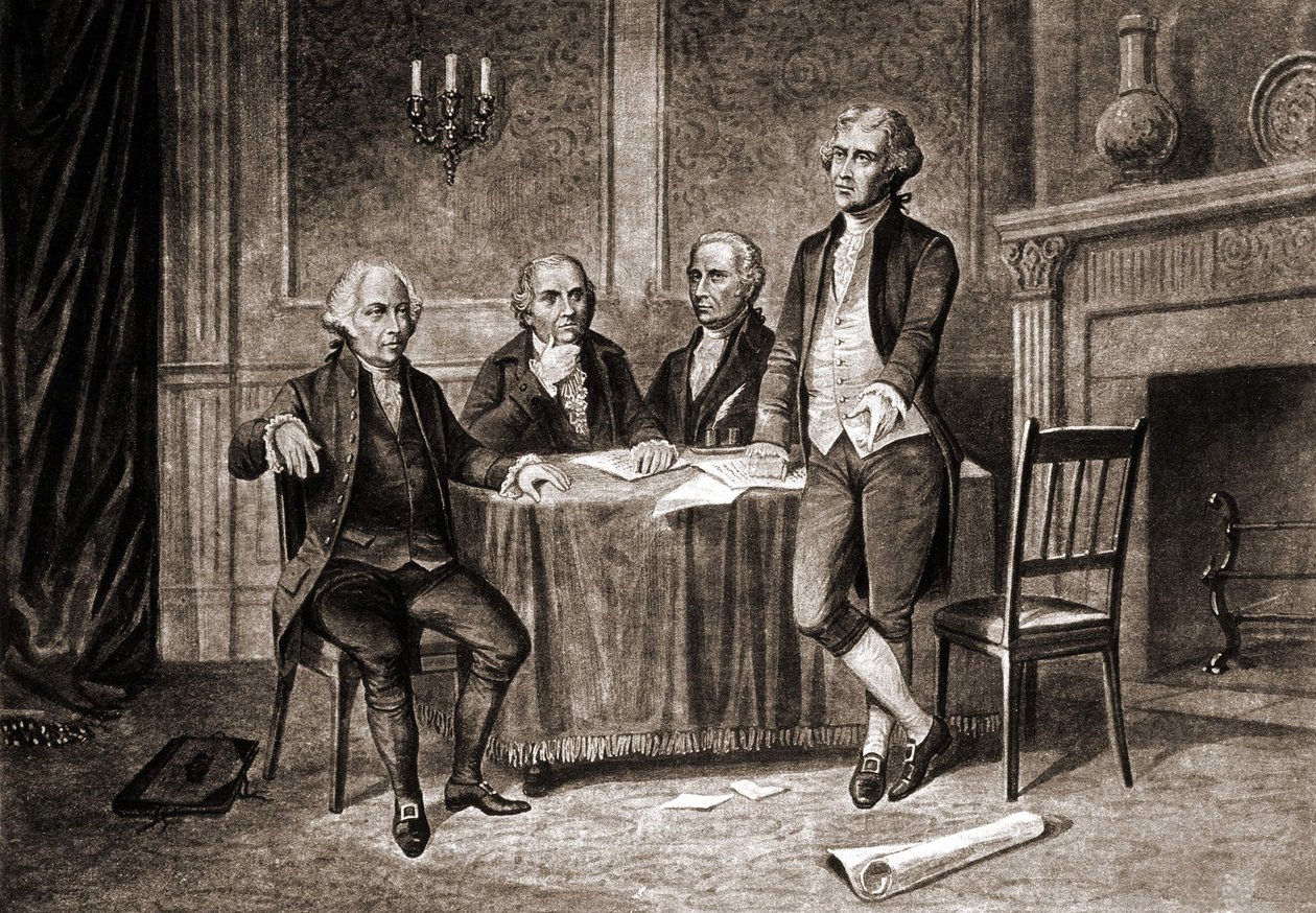 モリス知事（1752-1816）、アダムス、ハミルトン、ジェファーソンと。 作： 無名の画家