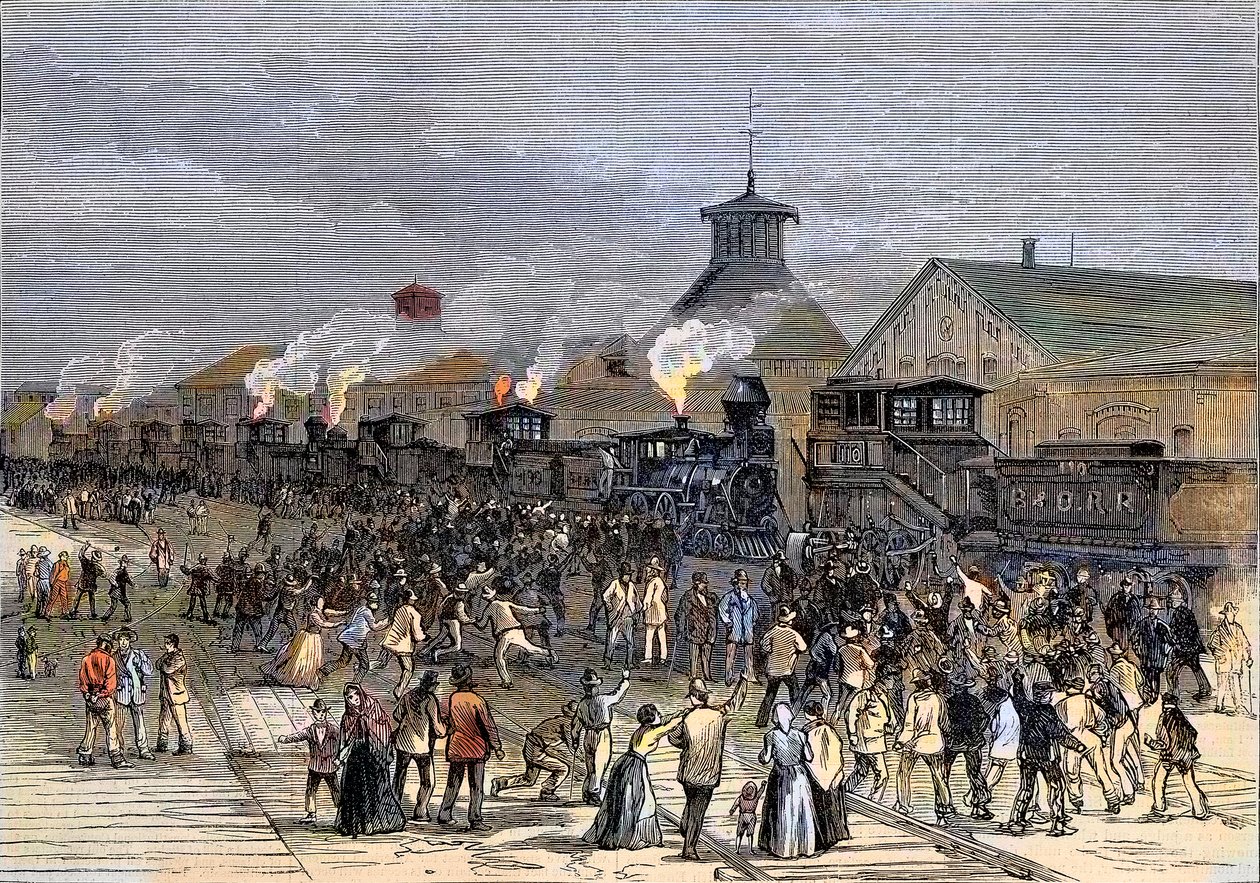 1877年の鉄道大ストライキ、ウェストバージニア州マーティンズバーグでエンジンを封鎖 作： 無名の画家