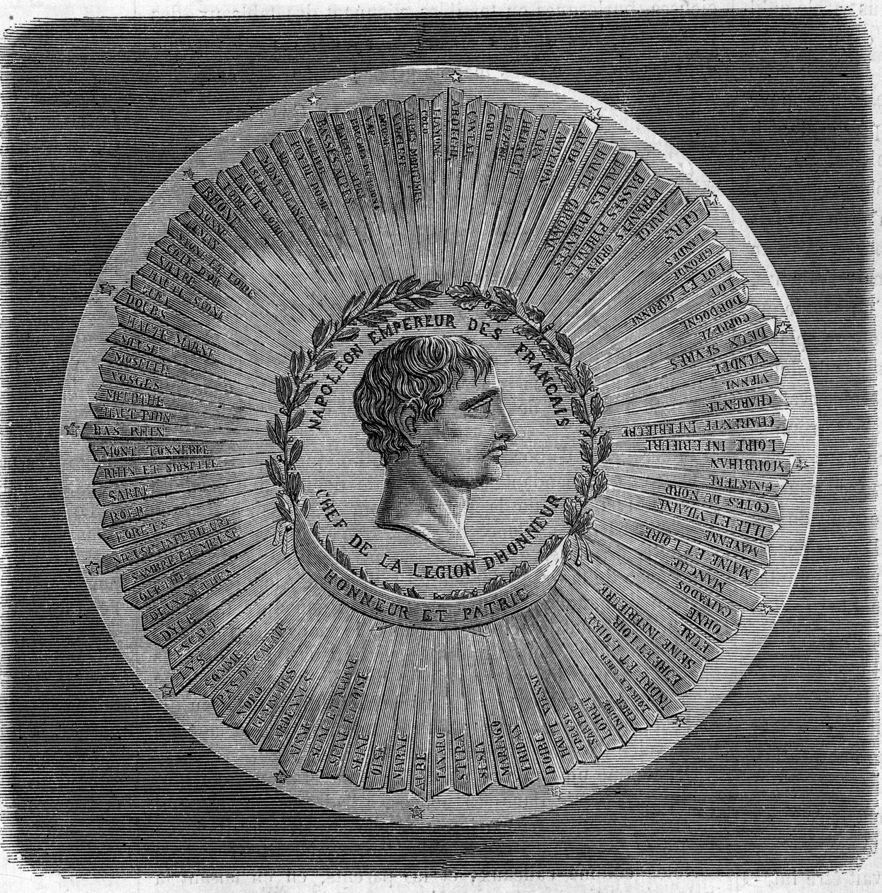 1804年、ナポレオン1世ボナパルト（1769-1821）の大判。"フランスのナポレオン皇帝、レジオン・ドヌール勲章の長。名誉と祖国」。The Illustrious Universe "に掲載されている図版 作： 無名の画家