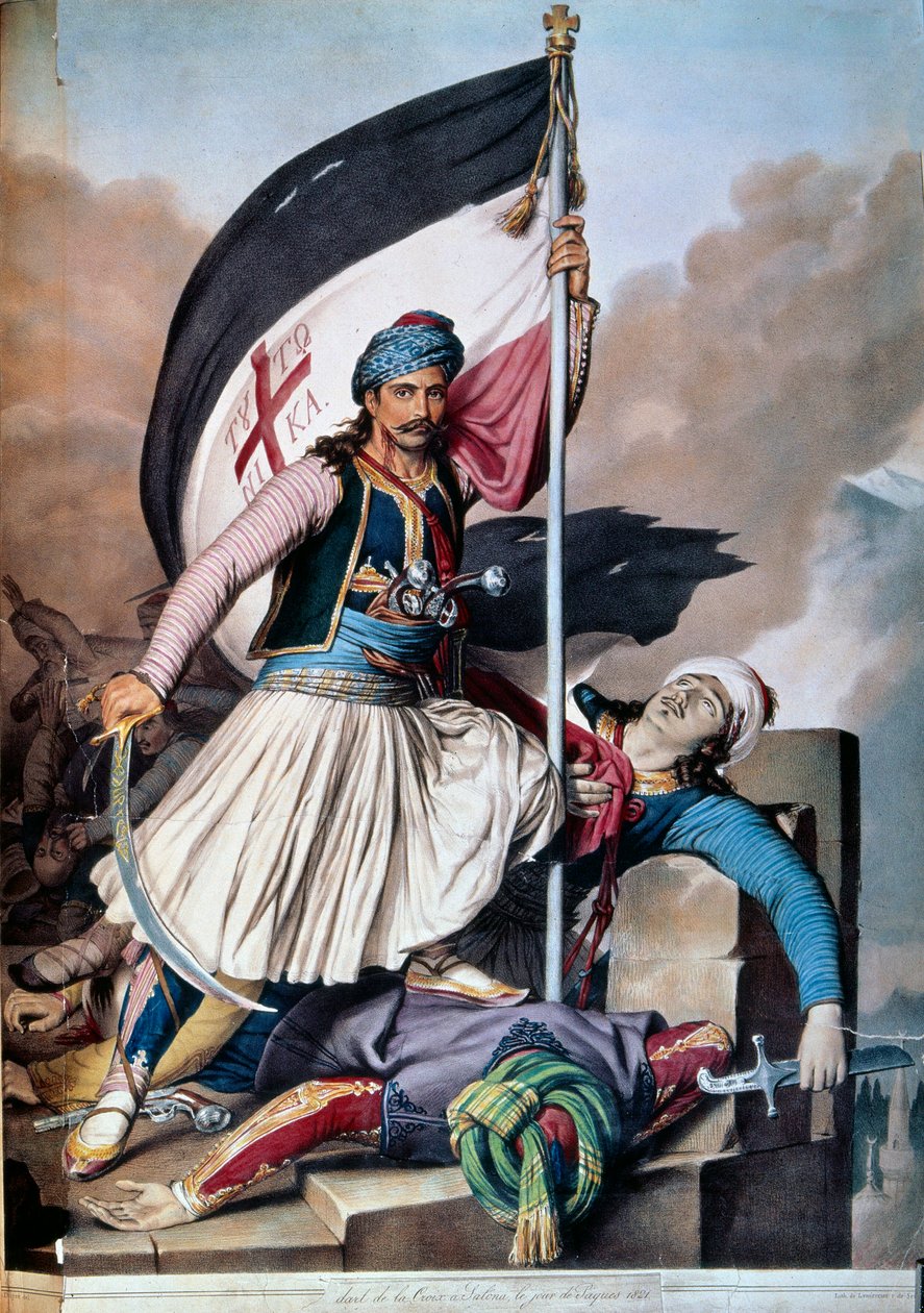 オスマン帝国に対するギリシャ独立戦争：1821年3月25日の蜂起の後、ニコラキ・ミトロポロスがサロナに掲げた旗のこと。1821年のリトグラフ