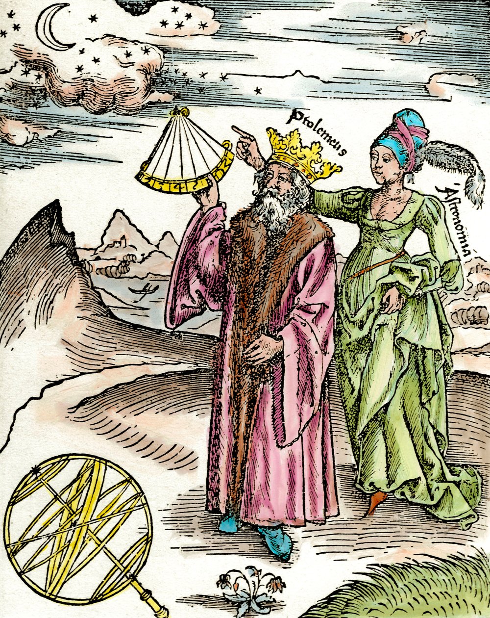 ギリシャの天文学者クロード・プトレミー（Claudius Ptolemaeus）（西暦90年頃～168年頃）が六分儀と天文学を使っている様子。1503年のエングレーヴィング。個人蔵 作： 無名の画家