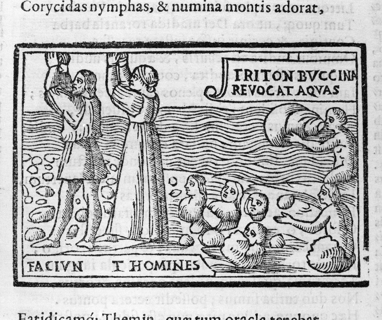 ギリシャ神話。デウカリオンとピュラが投げた石が、大洪水の後に人間を産み、地球に住むようになる。16世紀のキシログラフィー 作： 無名の画家