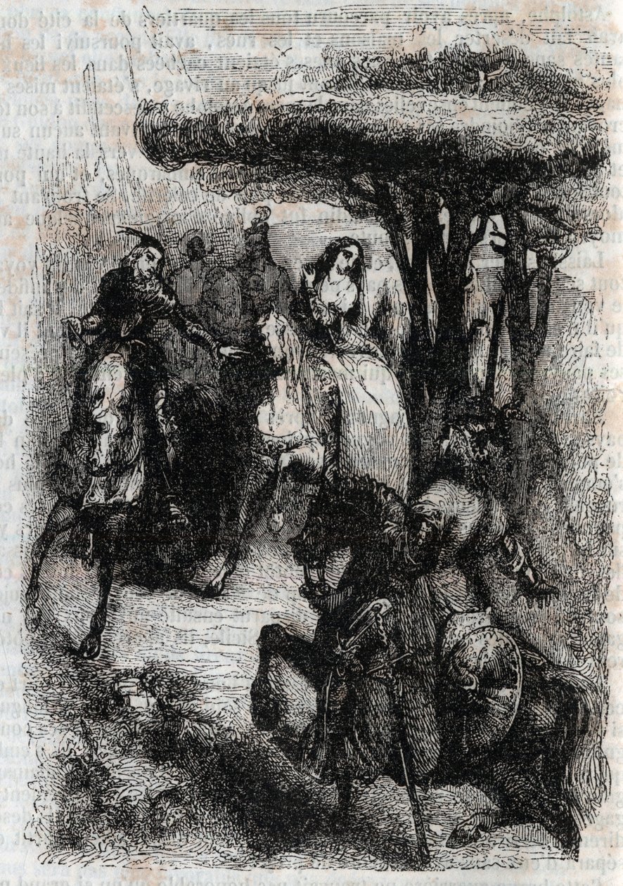 Griffon meets Origille - Ludovico Ariostoの「激情のローラン」（Orlando furioso）（16世紀）からの1851年のエングレーヴィング（Ariosto - Tressan伯爵によってイタリア語から翻訳され、Gustave Harvardによって出版された版として知られている。 作： 無名の画家
