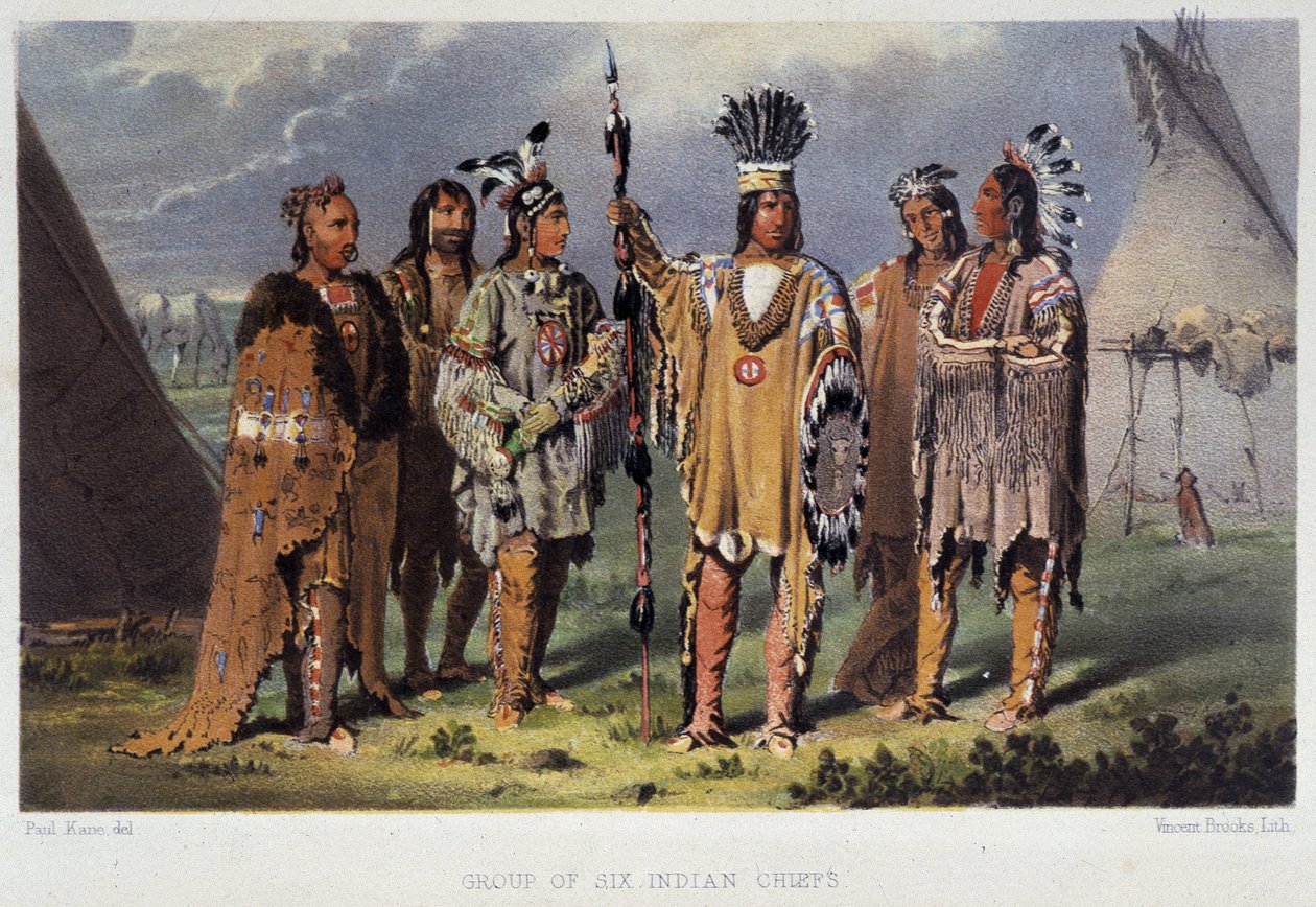 6人のインディアンの酋長のグループ - Paul Kane著「Wandering of an artist among the indians of North America」（Longmans & Roberts, London）より 作： 無名の画家