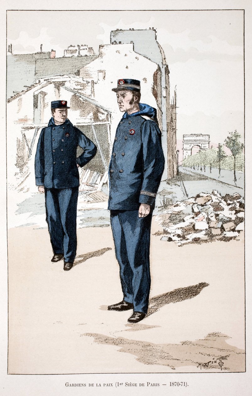 Guardians de la paix（1870年～1871年のパリの第一席）。アルフレッド・レイ(1864-?)がセーヌ川警部のルイ・ルピーヌ(1846-1933)の後援で出版した本「平和の戦士たちの歴史」の挿絵のためのカラー・エッチング。 作： 無名の画家