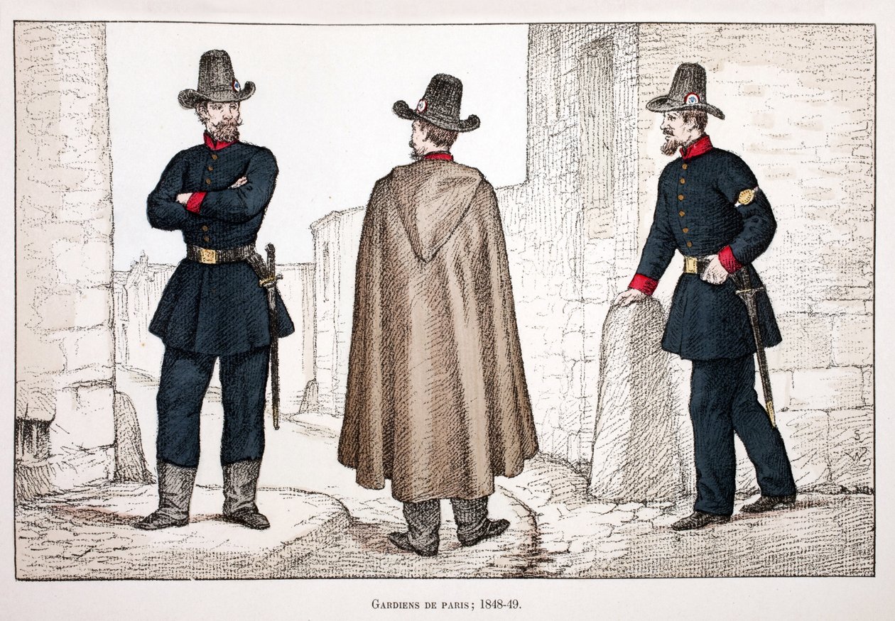 ガーディアンズ・オブ・ザ・ピース（1848-1849）。アルフレッド・レイ(1864-?)とルイ・フェロンによるセーヌ川警部のルイ・ルピーヌ(1846-1933)の後援で出版された本「平和の戦士たちの歴史」の挿絵のためのカラー・エッチング。 作： 無名の画家