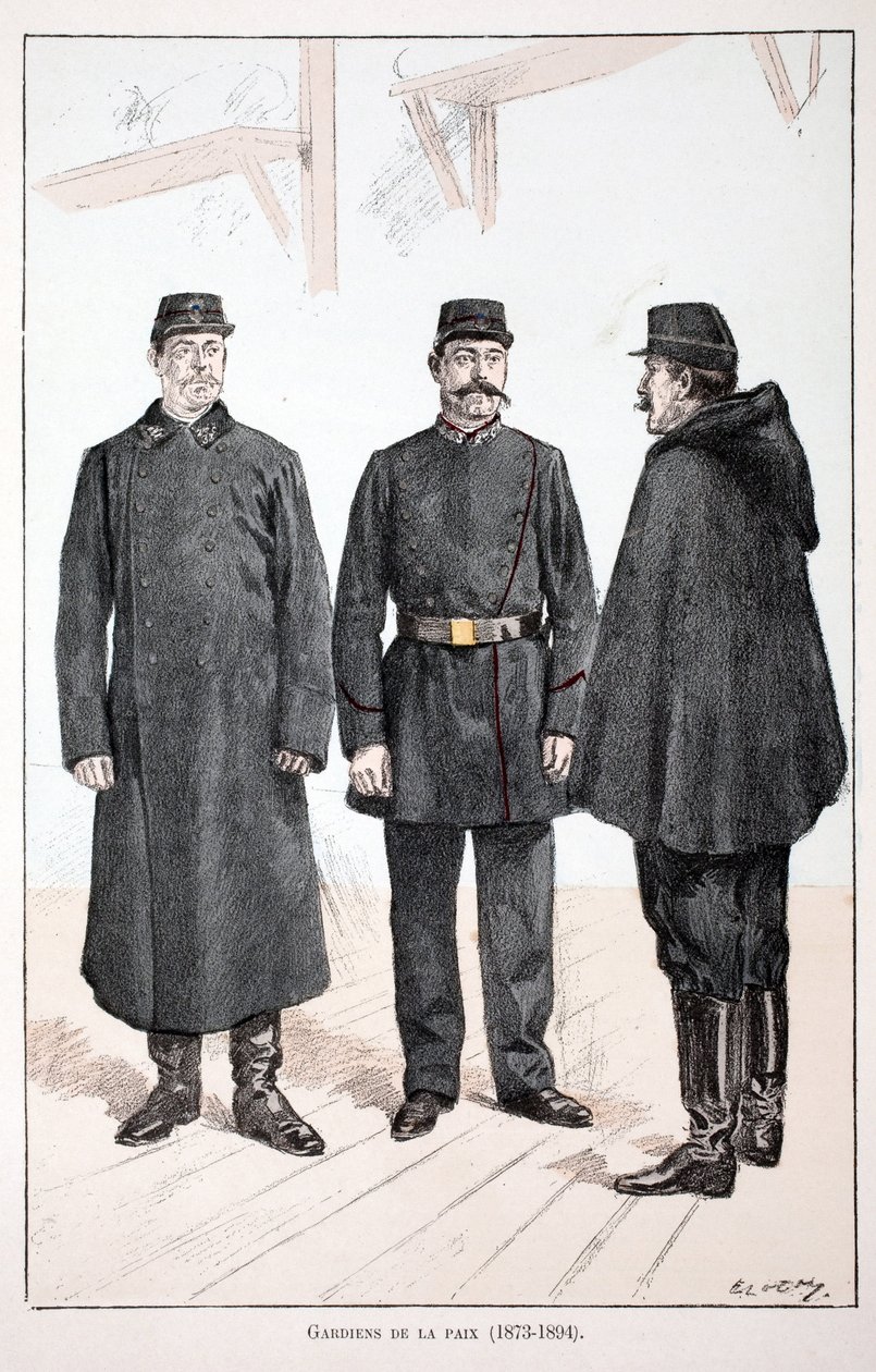 ガーディアンズ・オブ・ザ・ピース（1873年～1894年）。アルフレッド・レイ(1864-?)とルイ・フェロンによるセーヌ川警部のルイ・ルピーヌ(1846-1933)の後援で出版された本「平和の戦士たちの歴史」の挿絵のためのカラー・エッチング。 作： 無名の画家