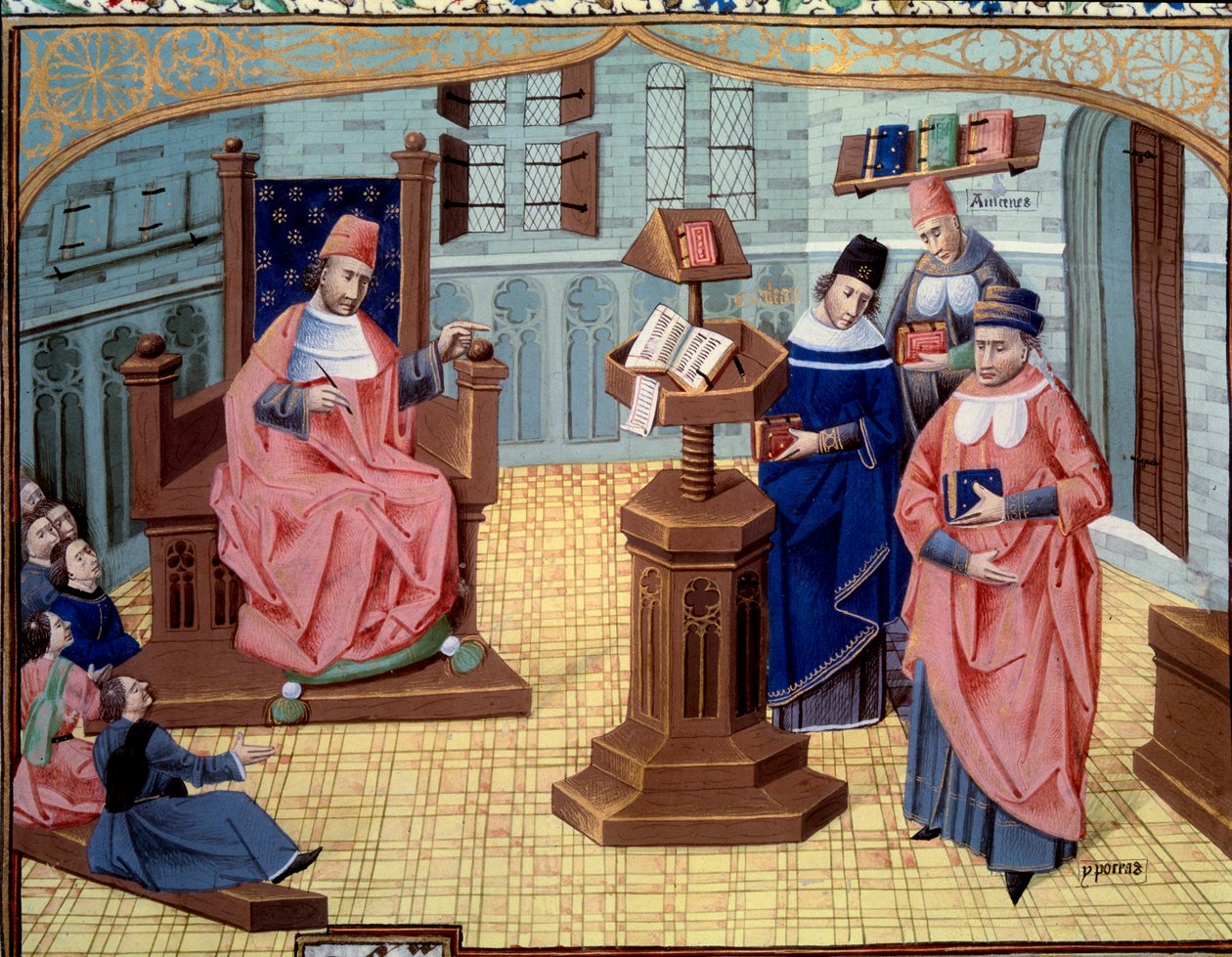 Guy von Chauliac, Chirurgielehrer. Rechts von ihm 6 Zuhörer und links 3 Figuren, die die Geschichte der Medizin zusammenfassen: Claude Galien (131-201), griechischer Arzt der Antike, Abu Ali al-Husayn ibn 