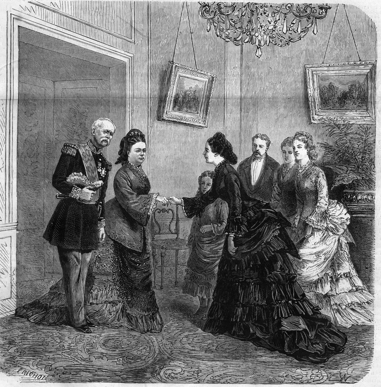 Handschlag zwischen Elisabeth de Mac Mahon (1834-1900) und der österreichischen Kaiserin Elisabeth de Wittelsbach (1837-1898) (Sissi) während des Besuchs des Präsidenten der Französischen Republik Patrice de Mac-Mahon (1808-1893) in Österreich. 1875. Gravu von Unknown artist