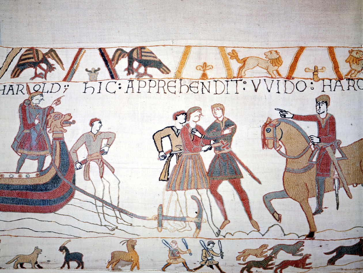 ハロルド2世（1022年〜1066年）はノルマンディーに上陸し、征服王ウィリアム1世（1027年〜1087年）に捕らえられました。マチルド王妃の刺繍」として知られるバイユーのタペストリー 作： 無名の画家