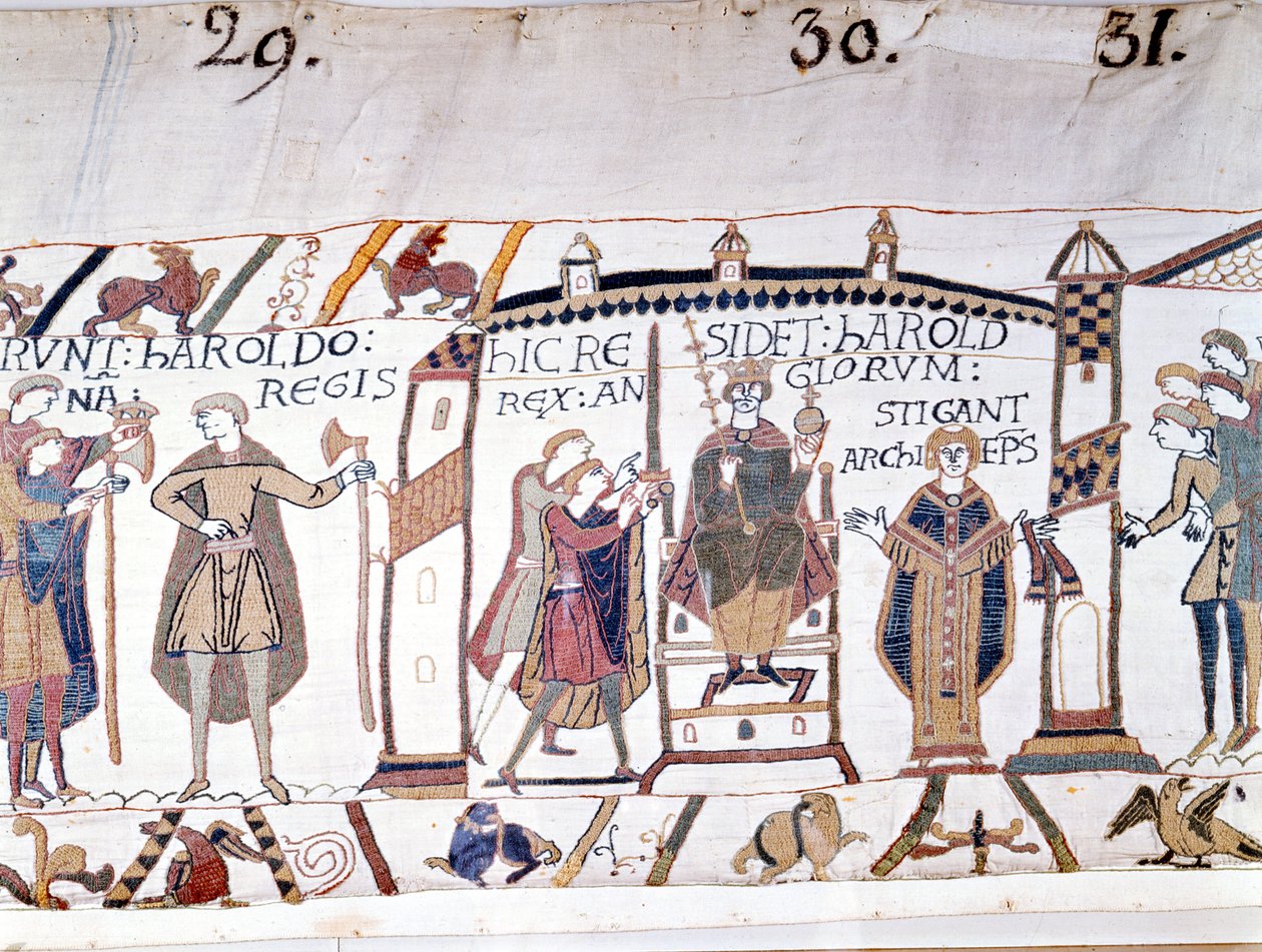 ハロルド2世（1022〜1066）は、1066年にエドワード懺悔王が死去した際に王を宣言しましたが、ヘイスティングスの戦いですぐに亡くなりました。バイユーのタペストリーまたはマチルド王妃の刺繍 作： 無名の画家