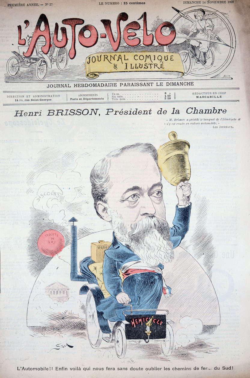 自動車に乗ったアンリ・ブリッソン（会議所会長）-1897年11月14日付「自動車」（パリ市立図書館）。 作： 無名の画家