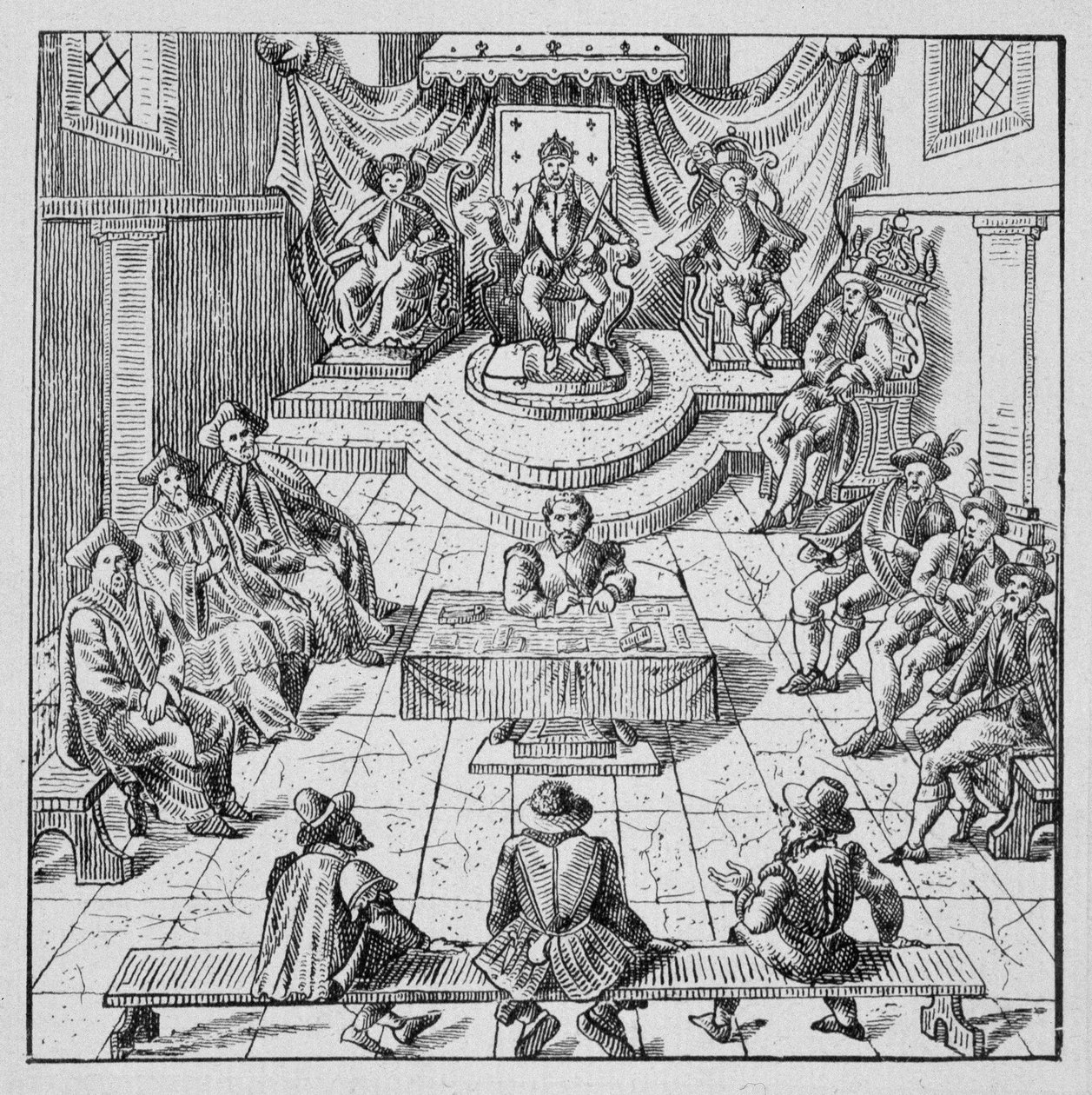 1576年にブロワで開催されたエステイト・ジェネラルを開催するアンリ3世（1551 - 1589） - 「1562年から1586年までのフランスの災難を表す39の図像コレクション」（ルイ・ペラン印刷）より 作： 無名の画家
