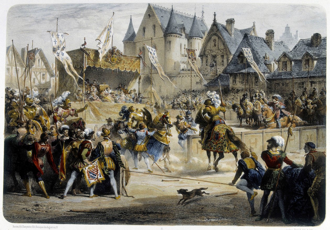 アンリ2世（1519年～1559年）、1559年6月29日のトーナメントでモンゴメリーに致命的な傷を負わされる、サン・アントワンヌ通り、トゥルネル宮の前 - リトグラフ 作： 無名の画家