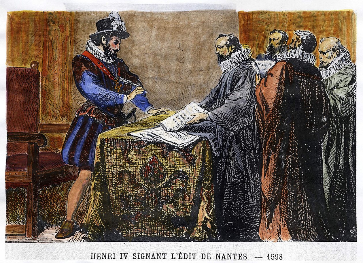 アンリ4世（1553-1610）は、1598年にナントのエディットに署名しました。 作： 無名の画家