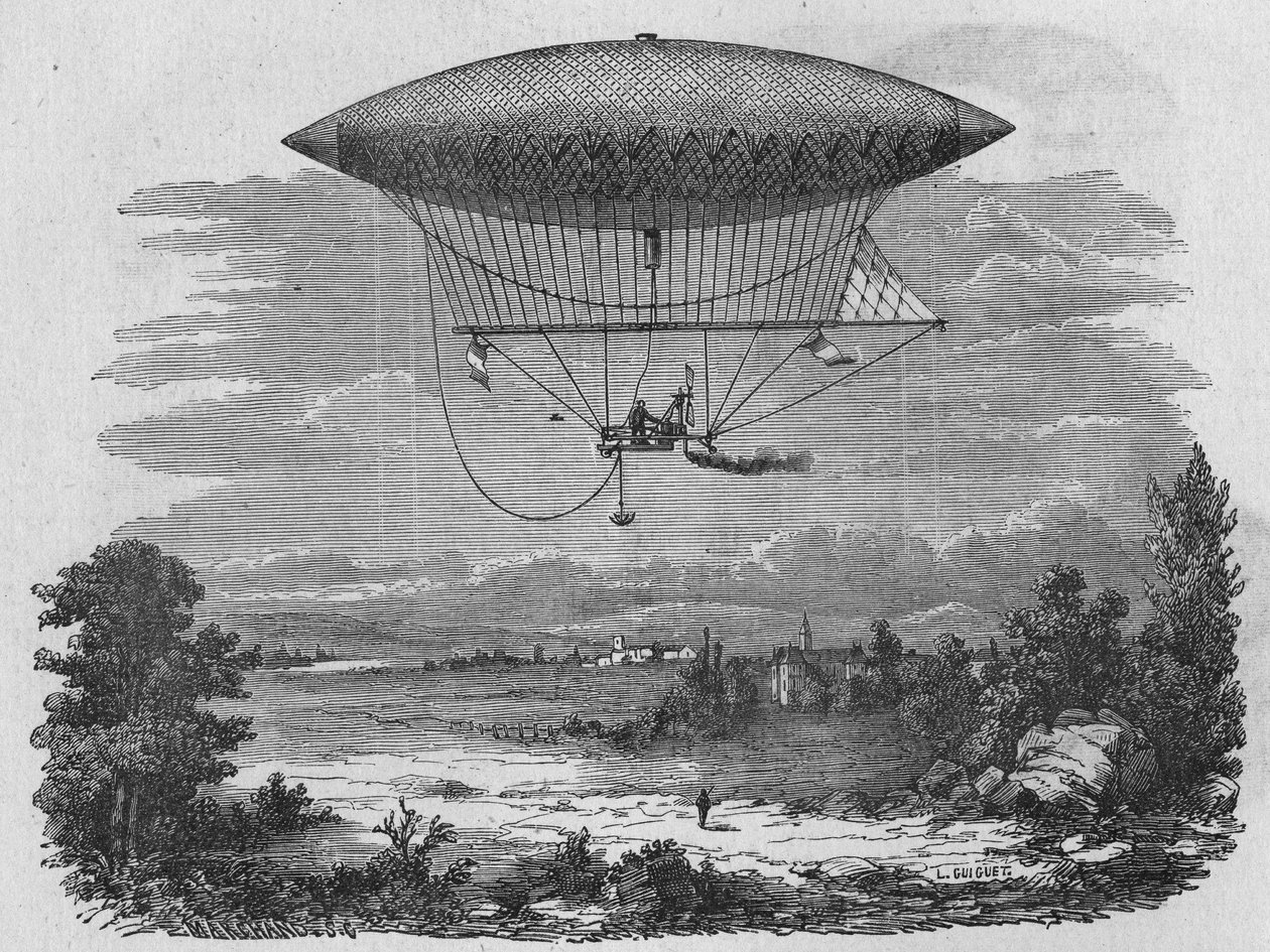 ヘンリー・ギファードは、全長44メートルの蒸気エアロスタットをテストしている。科学のアルバム」（ジュベ社）より 作： 無名の画家