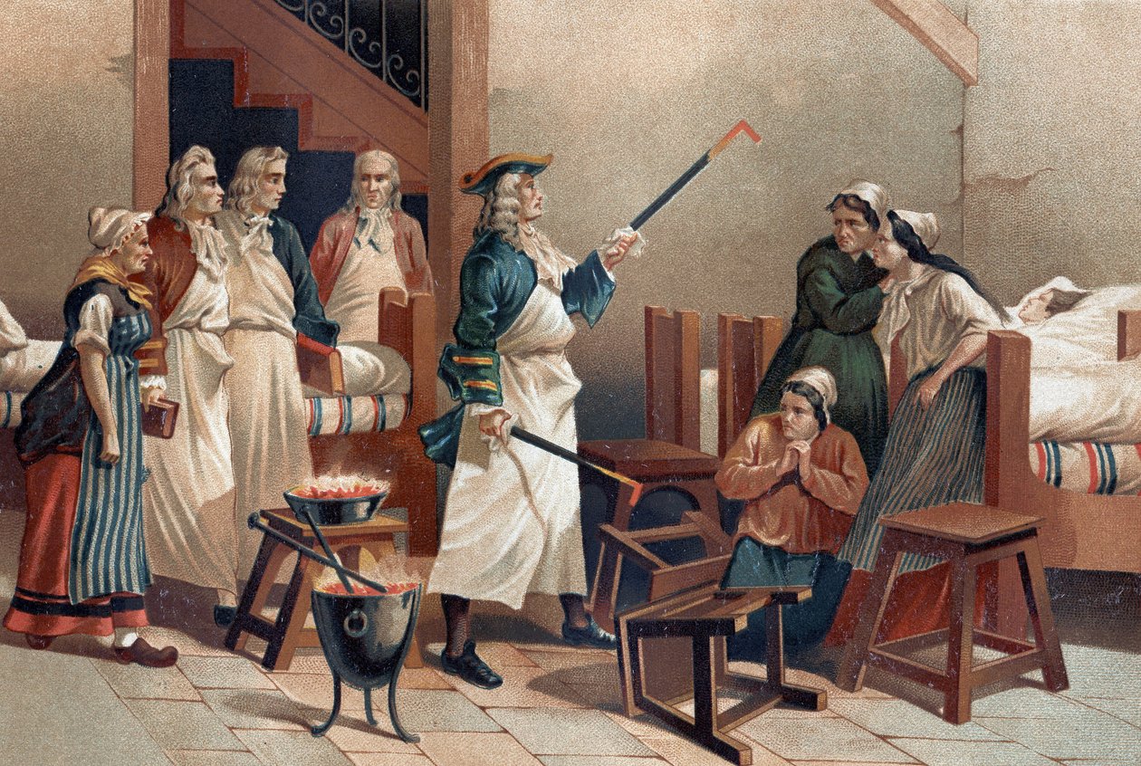 ヘルマン・レイデ・ボエルハーヴェ（1688-1738）オランダ人医師、レイデ病院のヒステリックな女性たちの前で、学生たちと。La Ciencia y sus Hombres par Louis Figuier "の後。バルセロナ 1881年 作： 無名の画家