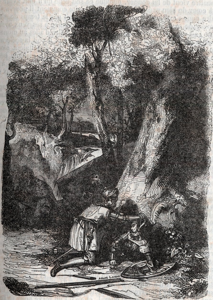 Hermonides wird von Zerbin umgestürzt und gerettet - Gravur von 1851 aus „Roland der Rasende“ (Orlando furioso) (16. Jahrhundert) von Ludovico Ariosto, bekannt als der Ariosta - Ausgabe, übersetzt aus dem Italienischen von Graf von Tressan und veröffentlic von Unknown artist